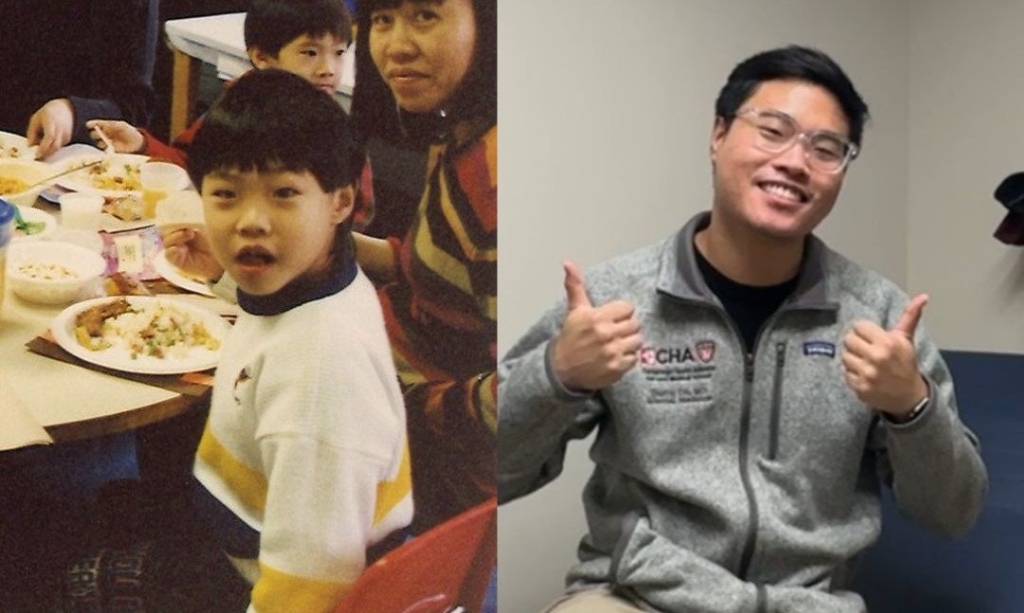 Two photos side-by-side to show a comparison between child Danny Do, who looks surprised at having his photo taken, vs young adult Danny Do who smiles confidently and gives two thumbs up for his picture.